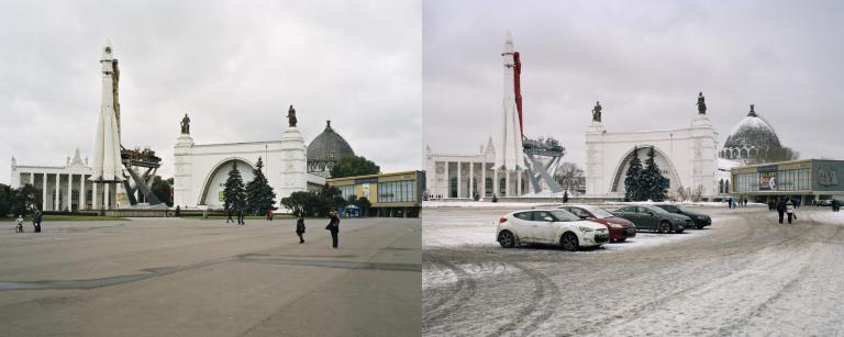 Ives Maes has re-photographed archival images as well as his own pictures, taken in 2009 and 2013, from the “All Union Agricultural Exhibition”. These former images are juxtaposed with new photographs taken during the build-up of the Moscow Biennial. 